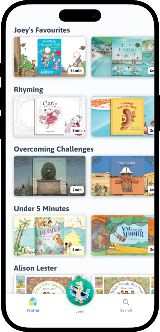 Joey Books mobile library screen with rows of picture books